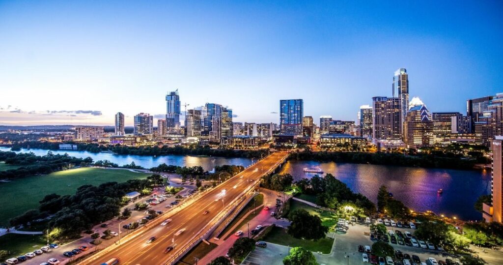 Austin skyline as night sets in, Texas