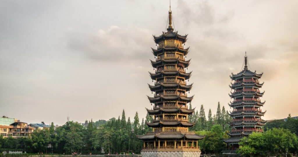 Sun and Moon Twin Pagodas at Shanhu Lake (Fir Lake) in Guilin, China