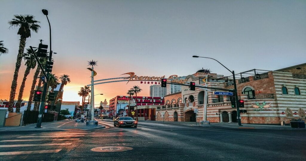 Fremont Street at sunset in Las Vegas, Nevada