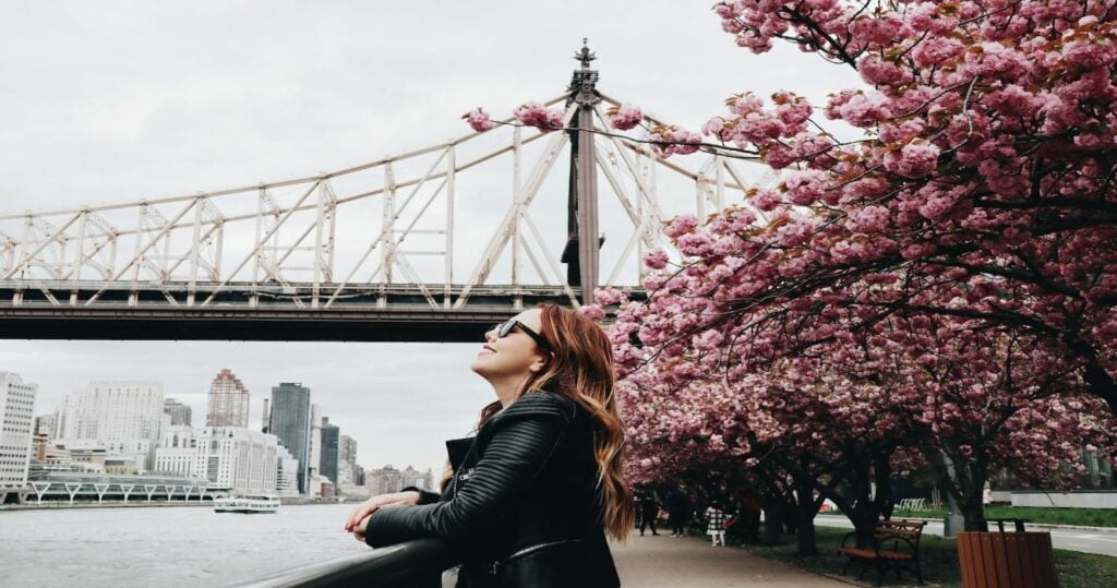 A woman standing near the river in Manhattan, New York City, with cherry blossoms in bloom