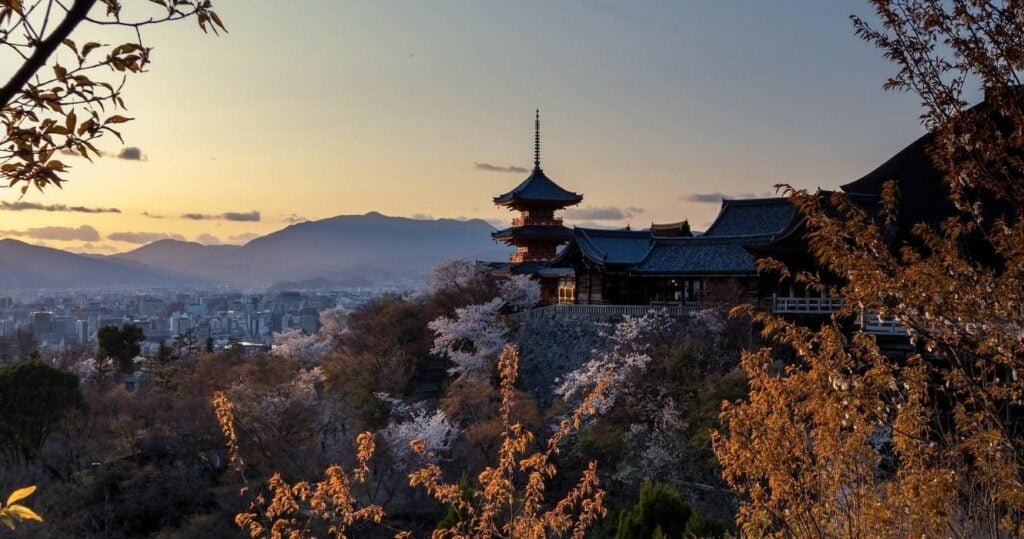 Kiyomizudera Temple at sunset in Kyoto, Japan