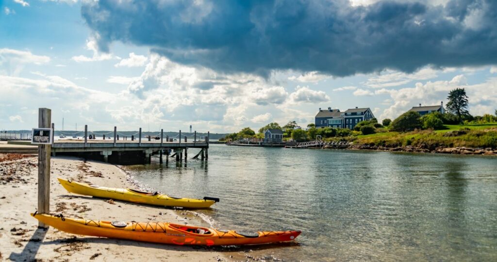 Kayaks on the sand in Kennebunkport Maine