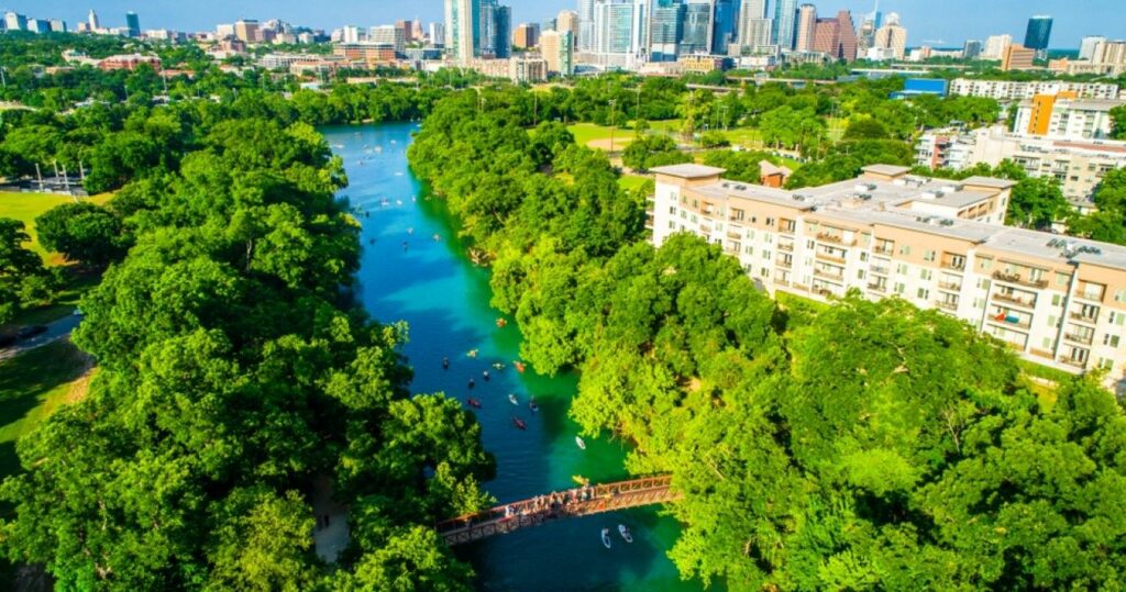 Barton creek flowing into town lake, Austin, Texas