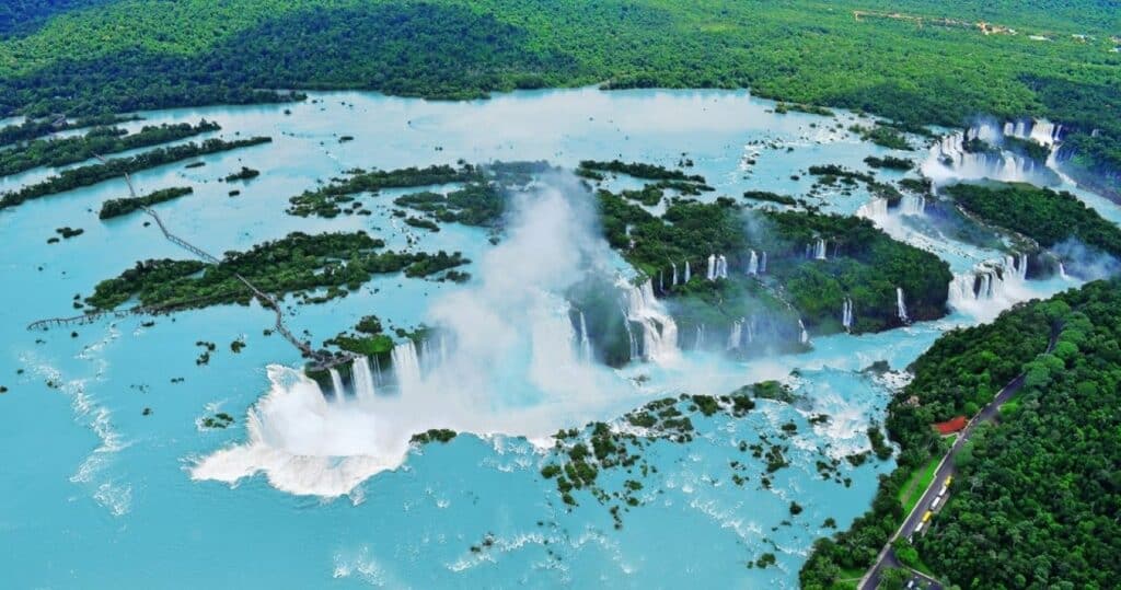 View of the Iguazu waterfalls from helicopter