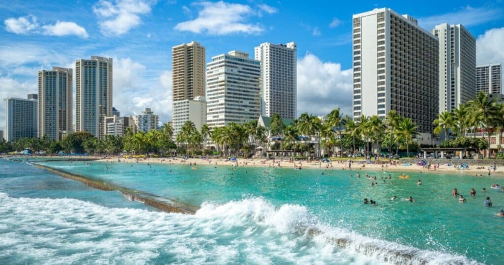 Skyline of Honolulu at Waikiki beach, Hawaii