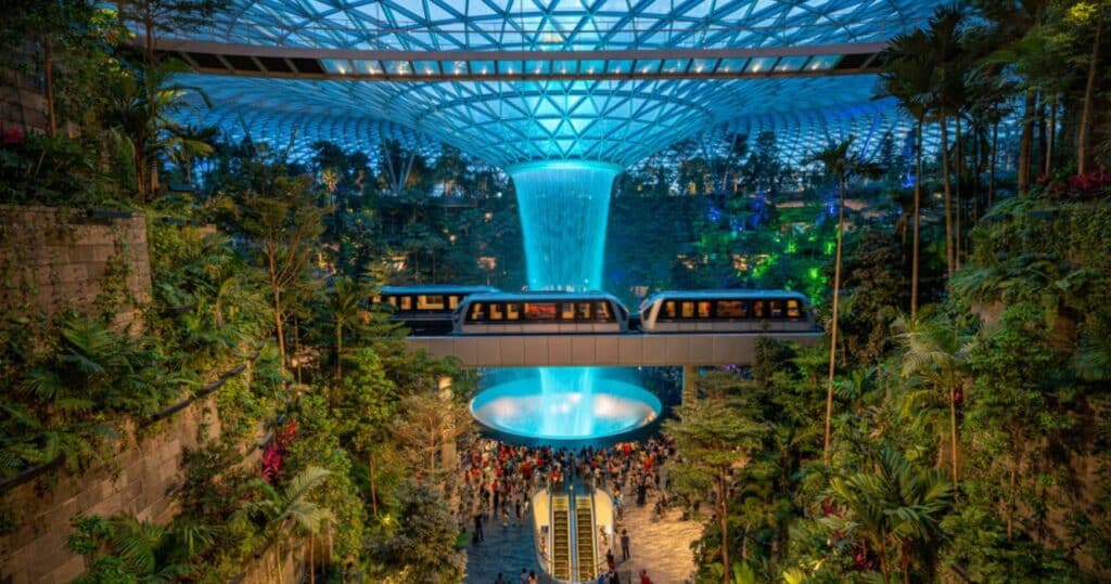 rain vortex waterfall inside singapore changi airport