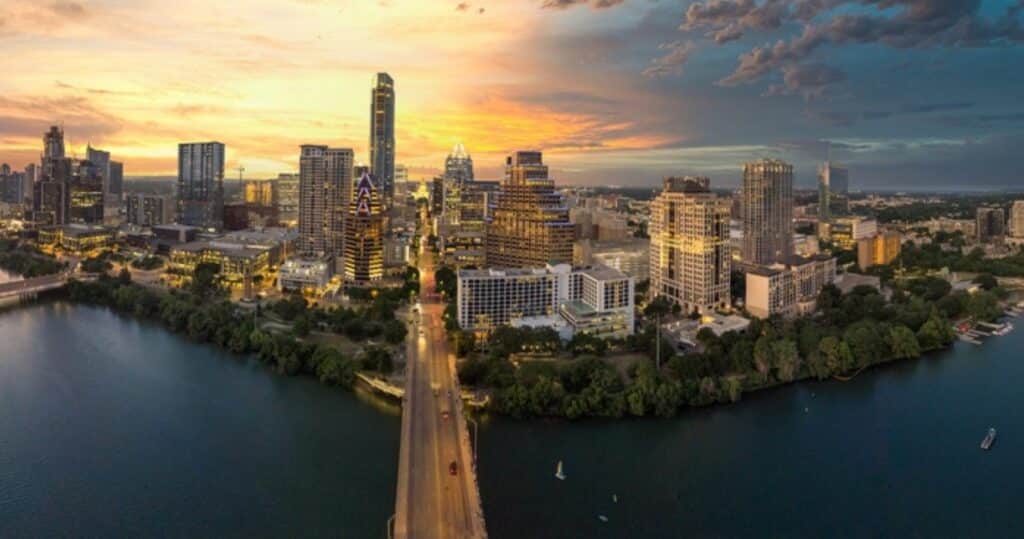 The beautiful sunset skyline of the city of Austin, Texas