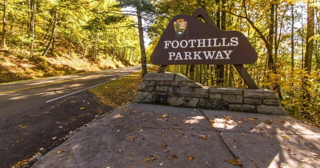 Foothills Parkway entrance sign in the Great Smoky Mountains National Park, Gatlinburg, Tennessee