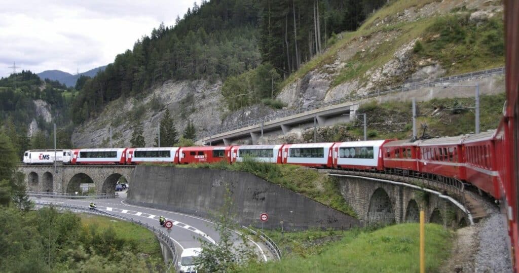 The Glacier Express train in the Swiss Alps