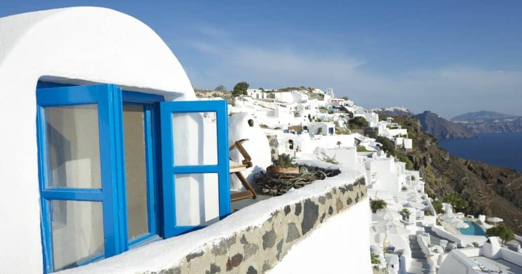 Blue window of a villa in Santorini, Greece