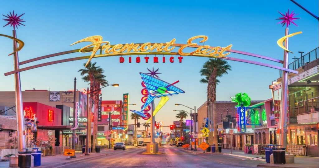 Fremont Street in Las Vegas at night as the sun sets. Nevada, USA