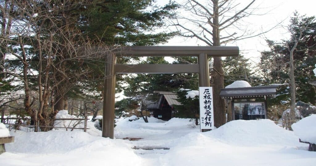 A snow-covered shrine in Sapporo, Hokkaido, Japan