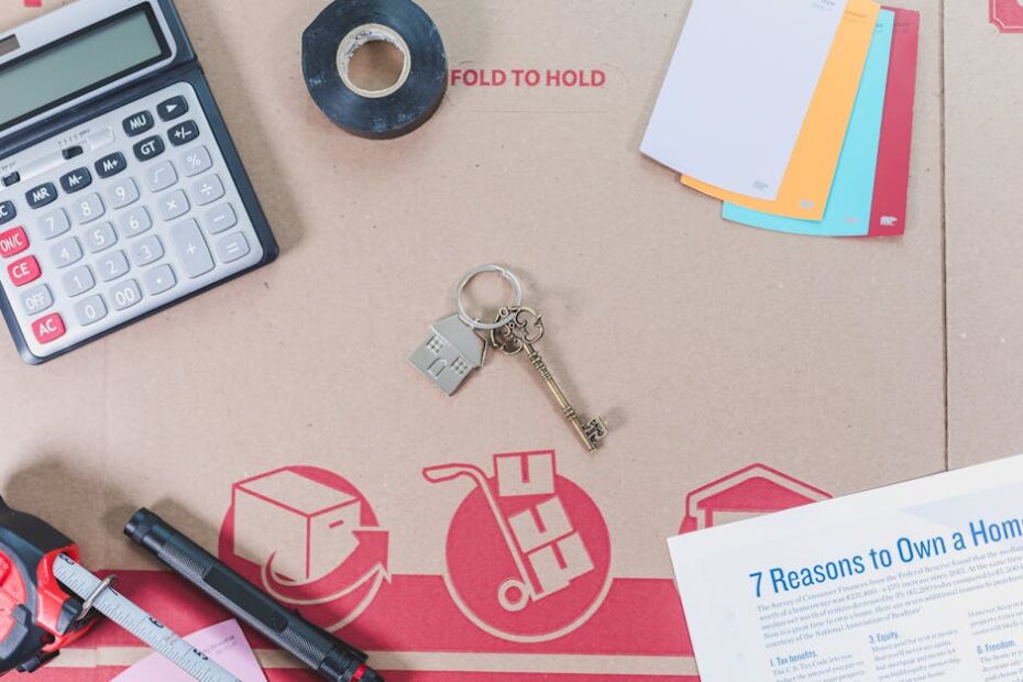 Flat lay of home buying essentials with calculator, keys, tape, and color swatches.
