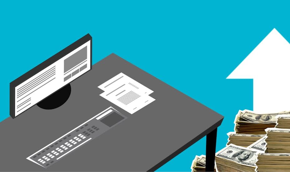 Illustration of a digital workspace with a monitor and cash symbolizing financial growth and success.