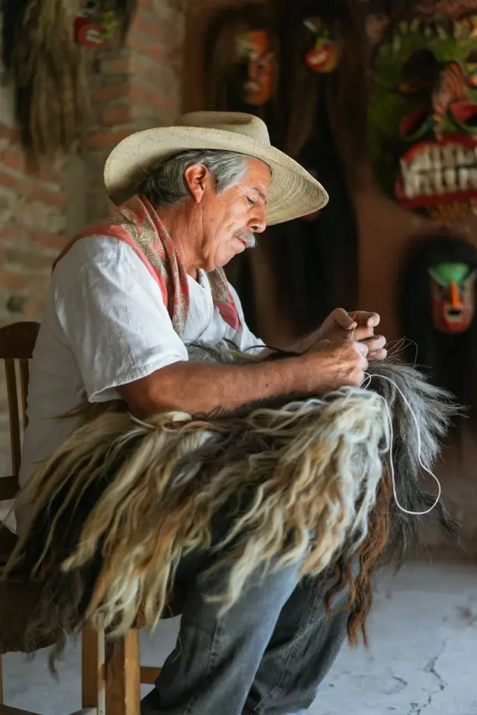 Senior artisan skillfully crafting traditional Mexican masks, showcasing cultural heritage.