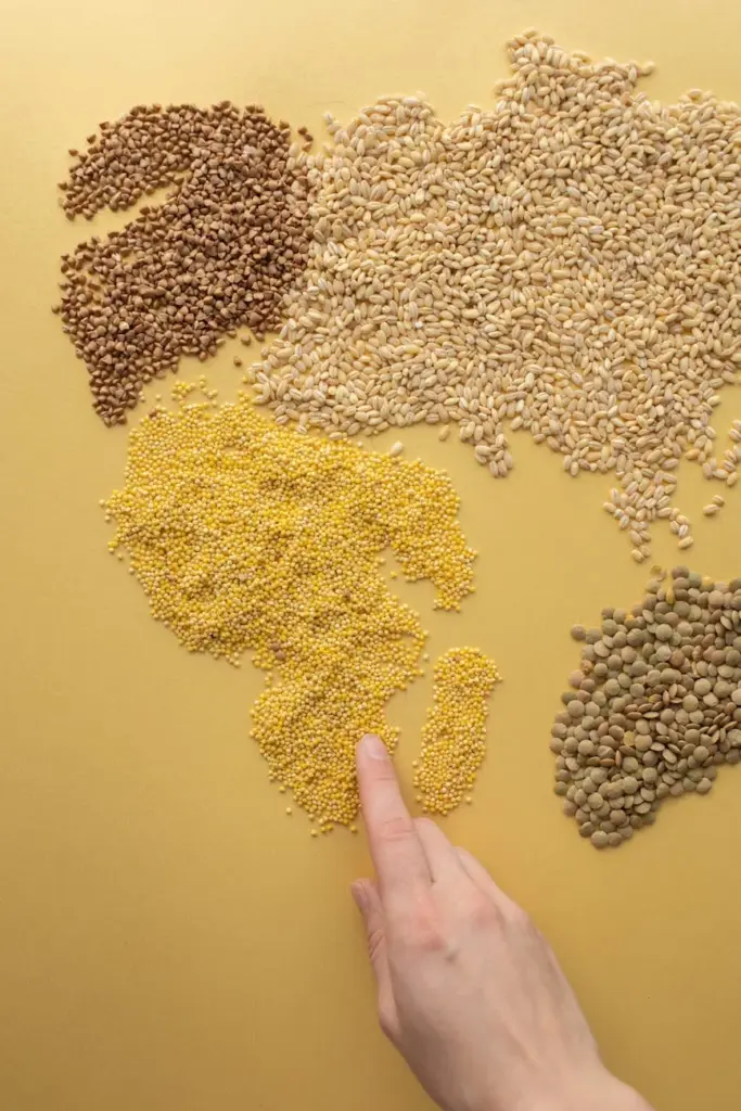 Top view of crop unrecognizable person making world continents with heap of assorted grains on yellow background in light studio