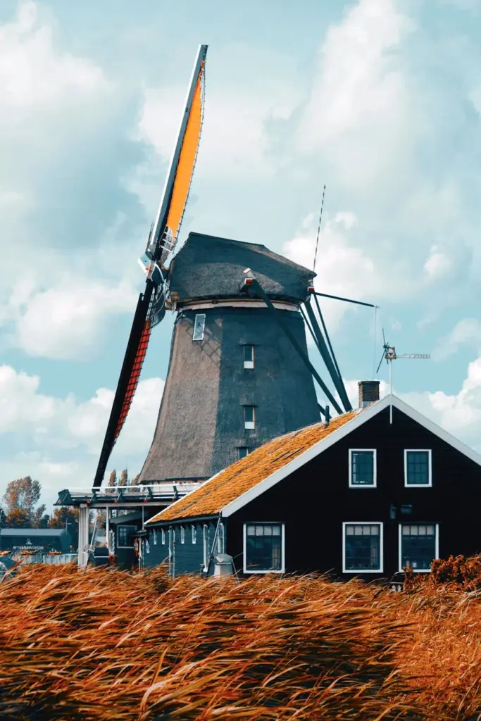 Scenic view of a classic Dutch windmill and traditional house in Zaandam, Netherlands.