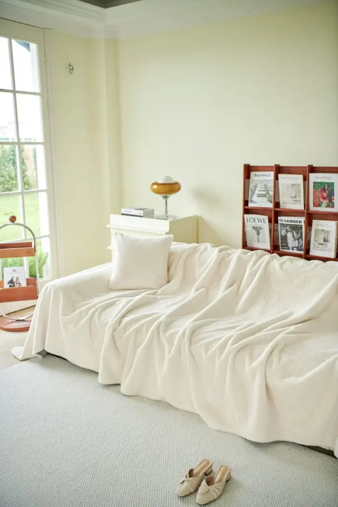 Comfortable beige couch in a bright living room with cozy decor.