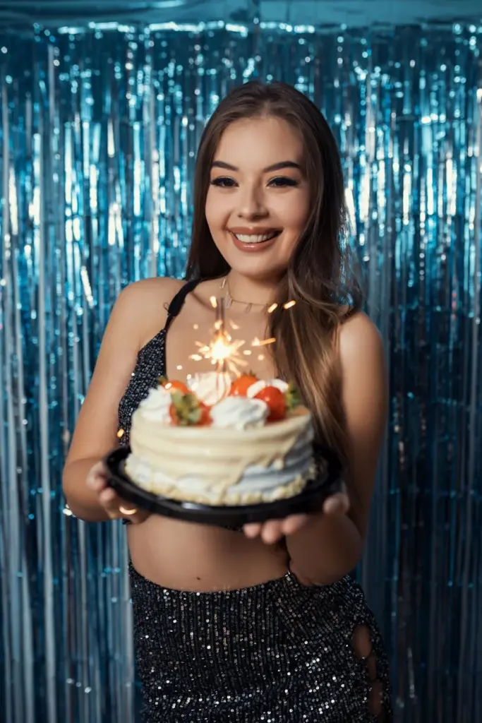 Young woman celebrating birthday with cake topped with sparklers and strawberries in a festive setting.