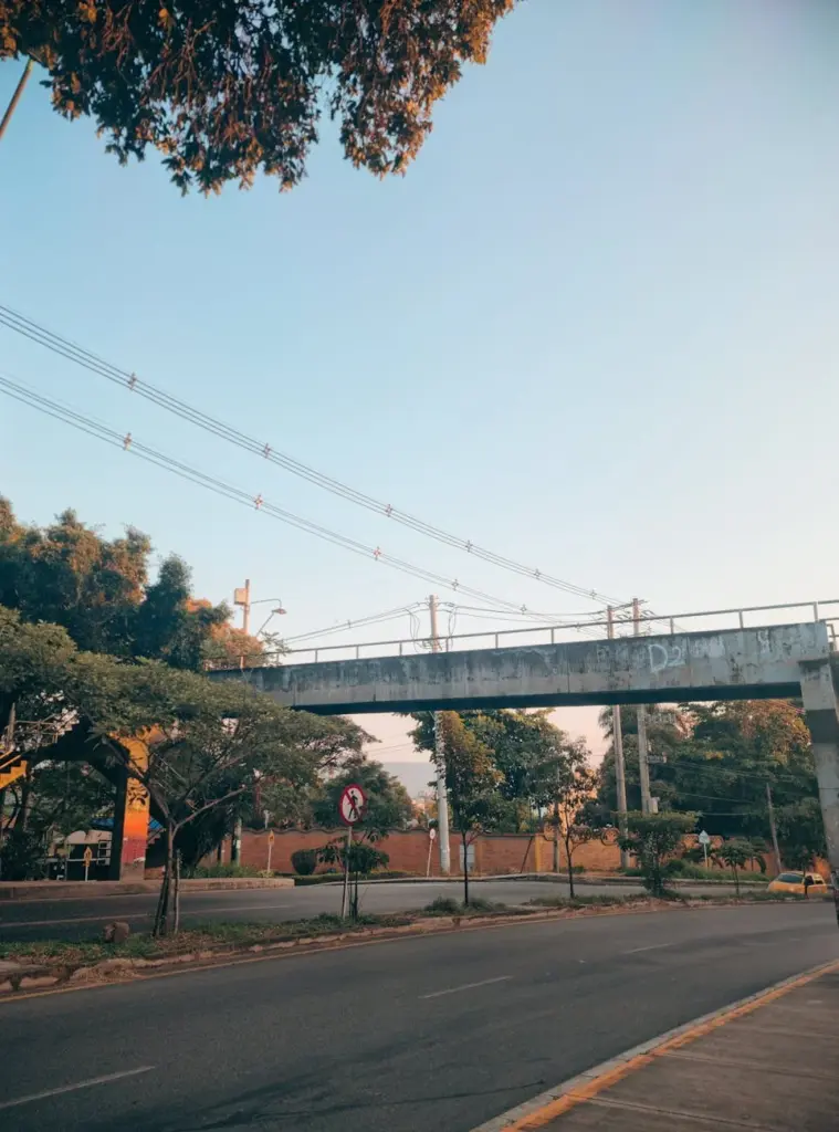 A scenic view of an overpass in Bucaramanga, Colombia with clear blue sky and trees at dusk.