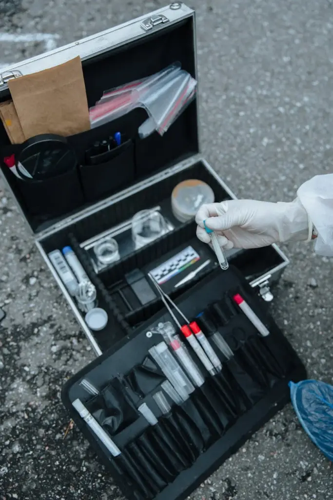 A forensic investigator handles a test tube at a crime scene with an open evidence collection suitcase on the ground.