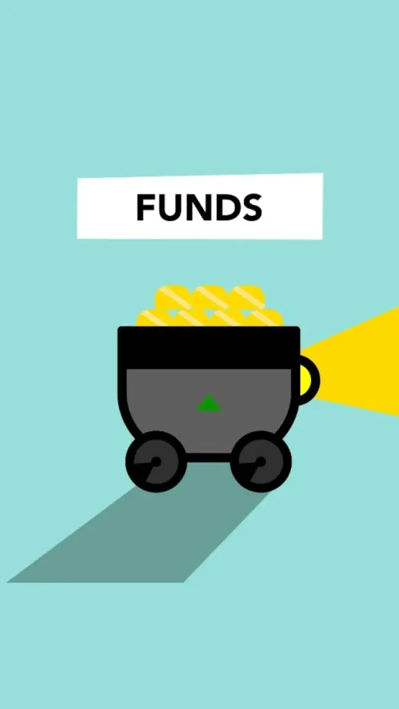 Stylized cart with gold coins labeled 'Funds' on blue background, symbolizing financial profit.