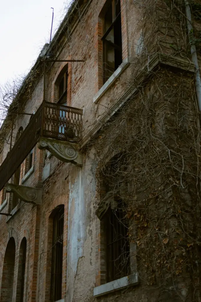 Old brick building facade with iron balcony and climbing plants in Istanbul.