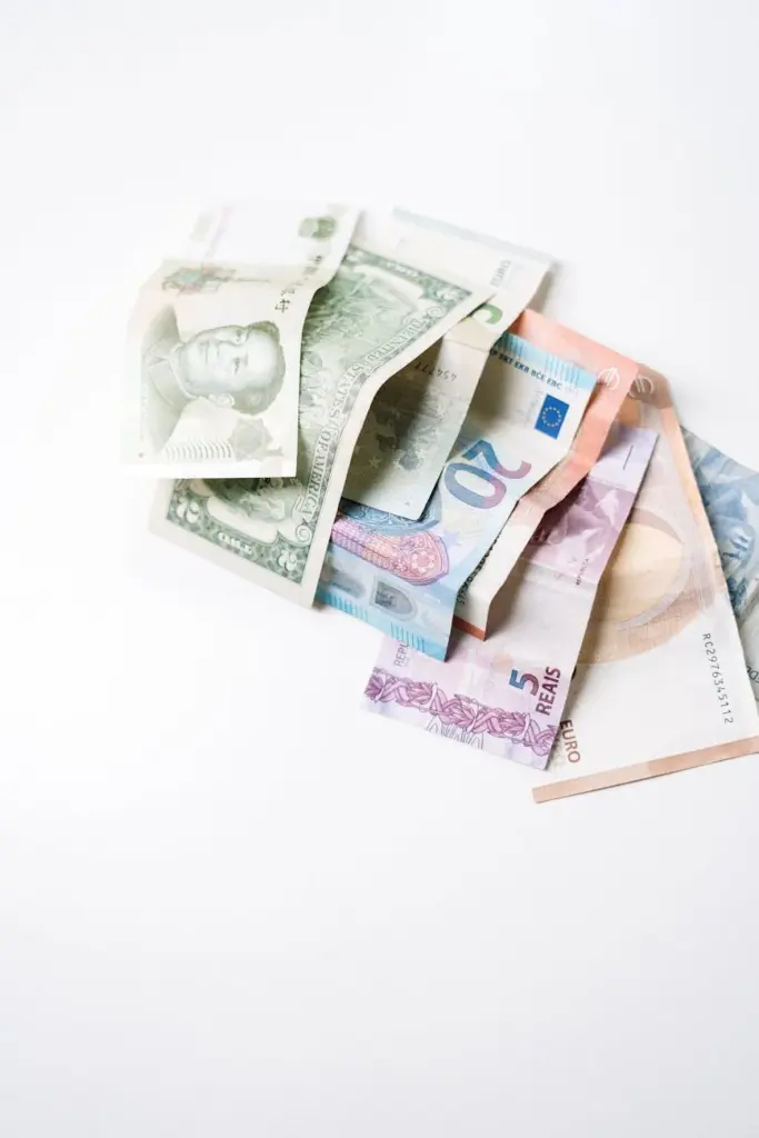 A diverse collection of international banknotes arranged on a white surface, showcasing global currencies.