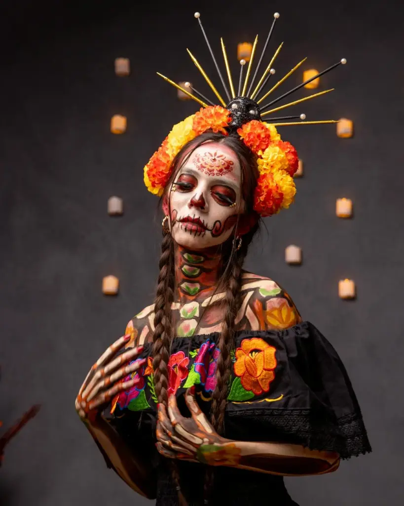 Artistic portrait of a Catrina celebrating Día de los Muertos in Mexico City.