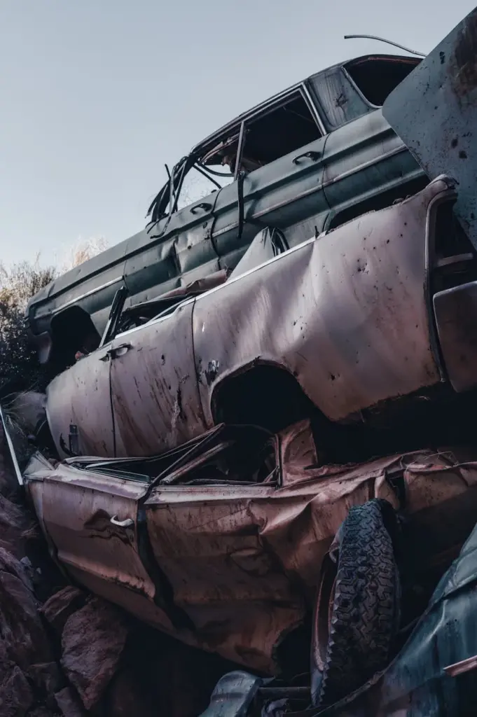 Close-up of rusty, stacked cars in an abandoned junkyard, highlighting decay.