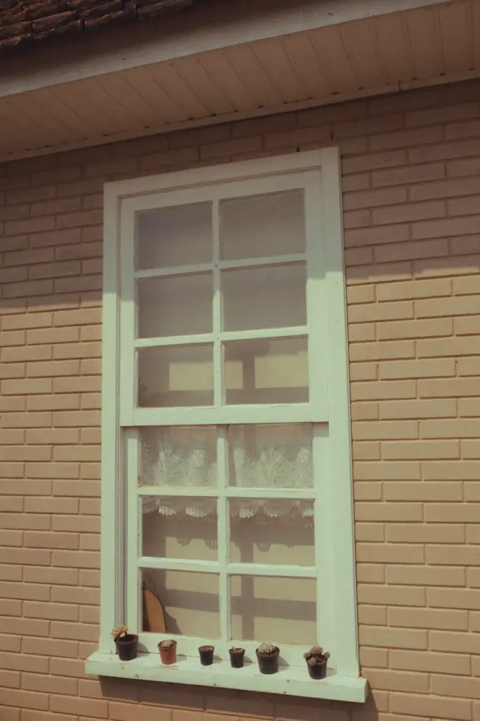 Elegant window on a brick wall adorned with small potted plants, showcasing vintage home design.