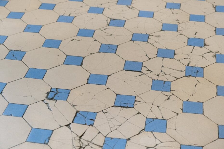 A detailed view of aged cracked tiles with a blue and white geometric pattern.
