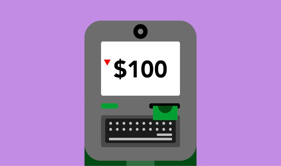 Simple illustration of an ATM displaying a $100 withdrawal on a purple background.