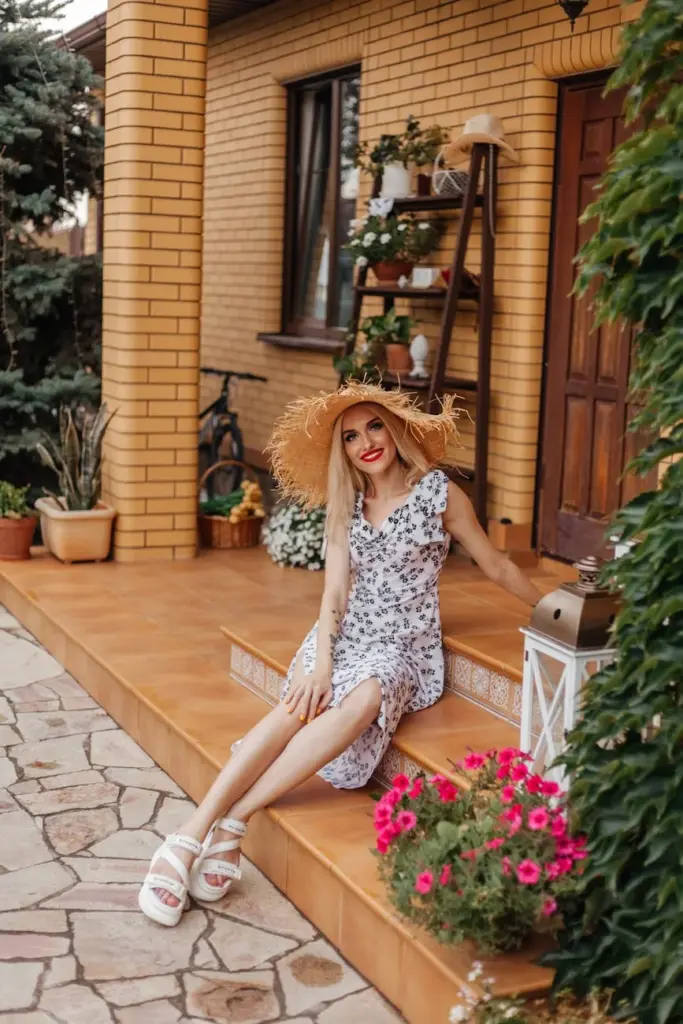 A woman in a straw hat and floral dress sits smiling on a porch step, surrounded by summer blooms.