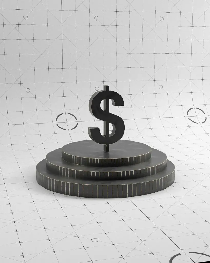 Conceptual 3D illustration of a dollar sign on a podium, ideal for finance themes.