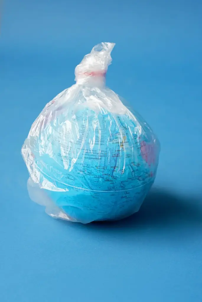 Plastic-wrapped globe illustrating global pollution and environmental awareness.