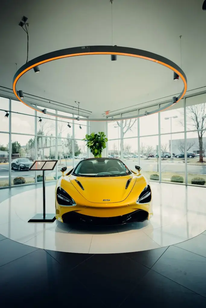 Yellow luxury sports car displayed in a modern dealership showroom in Washington, DC.