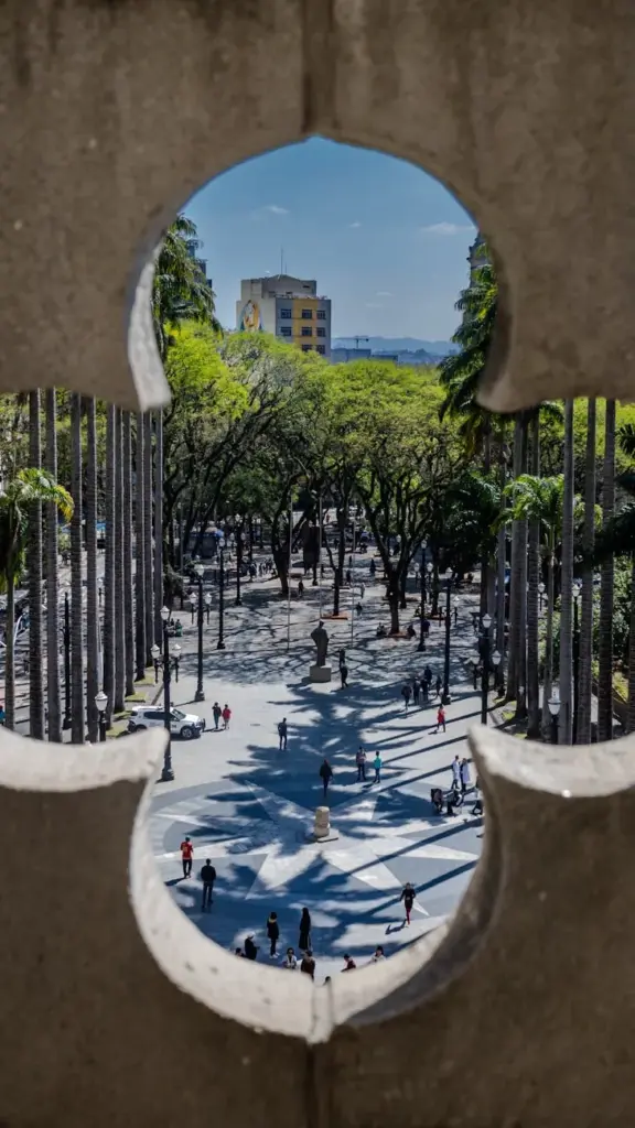 Aerial view of Praça da Sé in São Paulo, Brazil, framed by ornamental stone architecture.