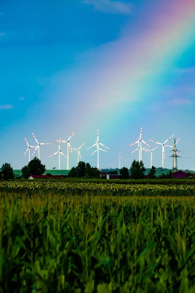 Vibrant landscape with wind turbines and a rainbow over lush green fields.