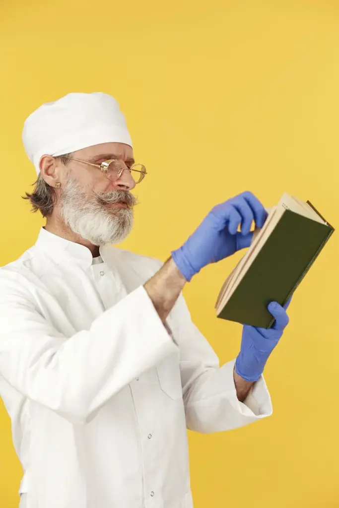 Portrait of a bearded senior doctor reading a book wearing glasses and gloves against a yellow background.