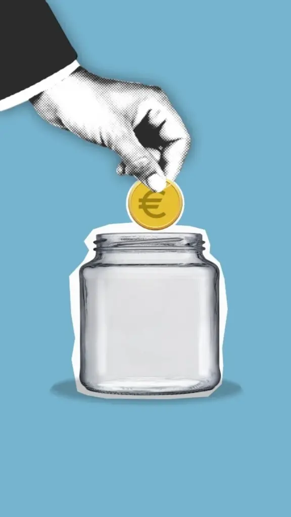Illustration of crop cutout person hand putting coin into saving glass money box on blue background