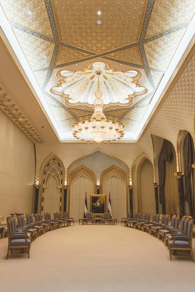 Opulent interior of Al Watan Palace in Abu Dhabi, featuring Islamic architecture and elaborate decorations.