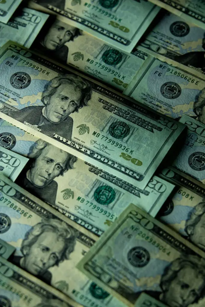 Close-up of multiple US twenty dollar bills arranged in a pattern, showcasing financial abundance.