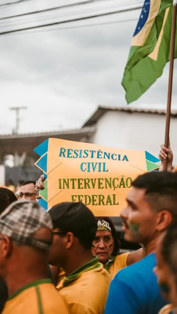 A dynamic scene at a Brazilian protest emphasizing civil resistance with a flag.