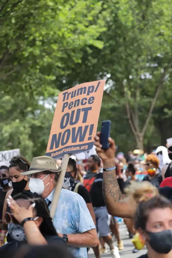 Demonstrators in Washington DC carry anti-Trump signs demanding political change.