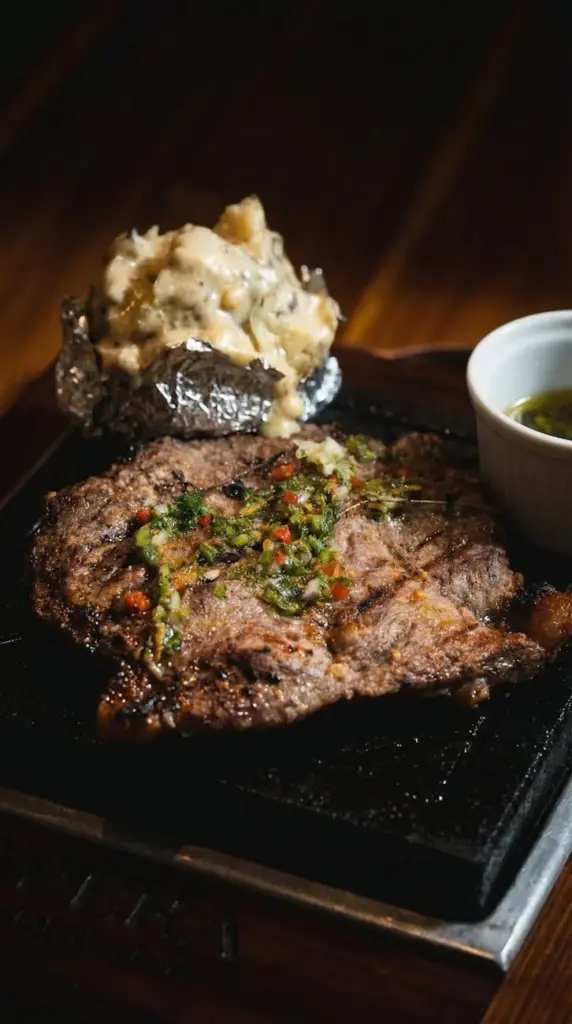 Juicy Colombian-style steak with vibrant chimichurri served with a baked potato.