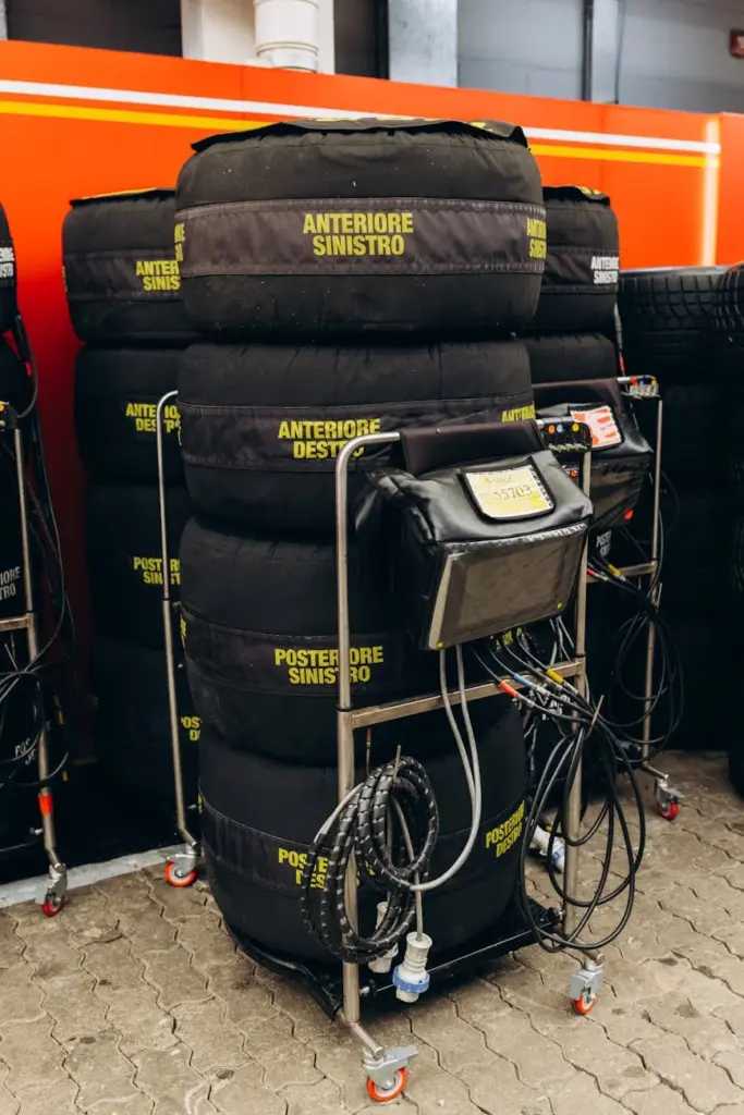 Close-up of stacked racing tires in a motor racing paddock area.