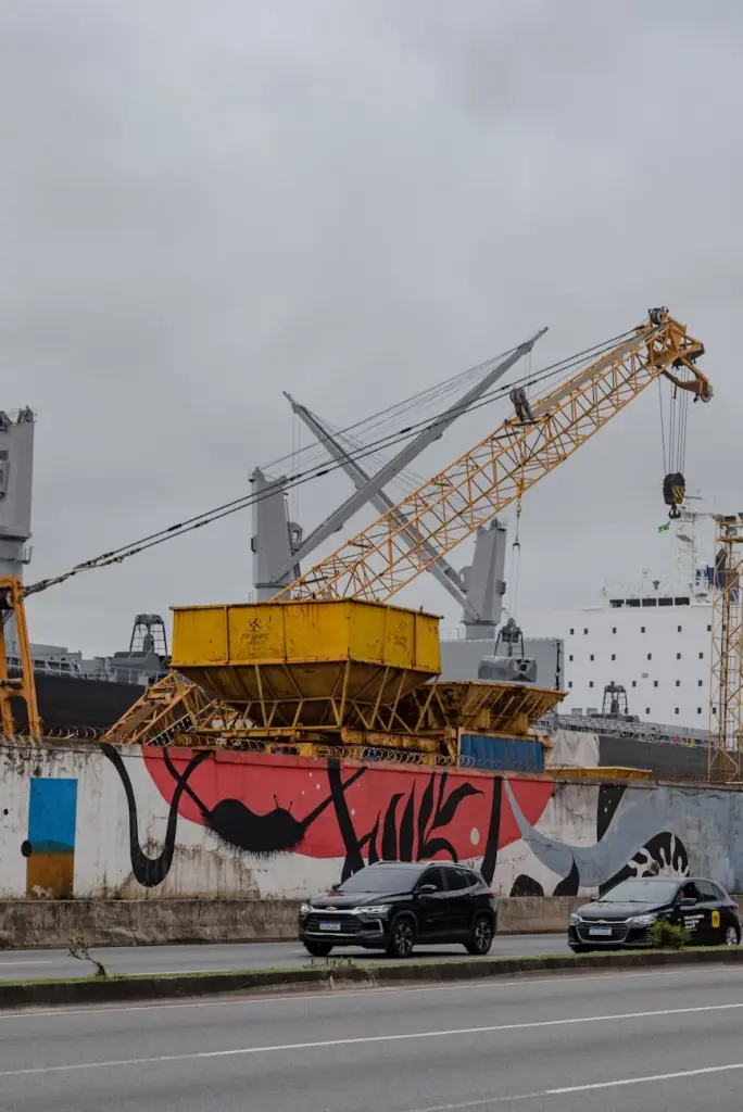 City port with industrial crane, ships, and street view on an overcast day.