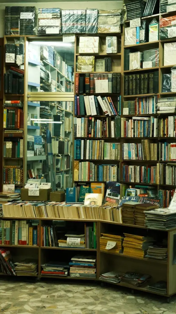 An inviting bookstore corner filled with diverse books on packed shelves, perfect for book lovers.