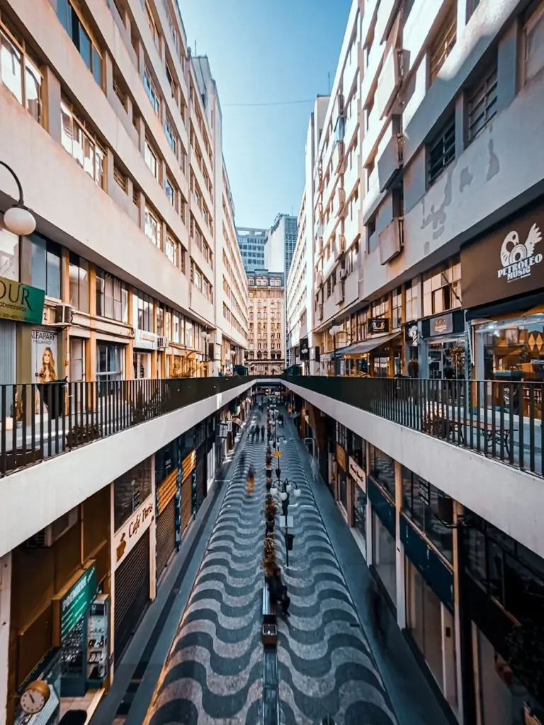Vibrant urban scene of a busy shopping street in São Paulo, Brazil, showcasing local architecture.